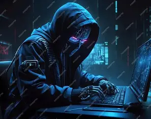 Hacker encapuchado trabajando en un portátil en un entorno de ciberseguridad simulado